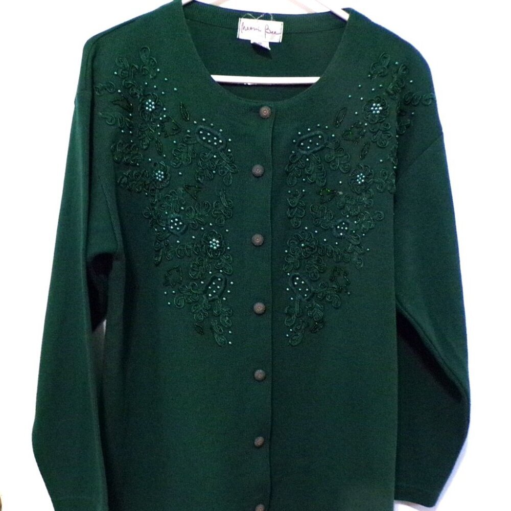 Maori Bee Forest Green Cardigan Sweater Slit Sides 7 Button Size M